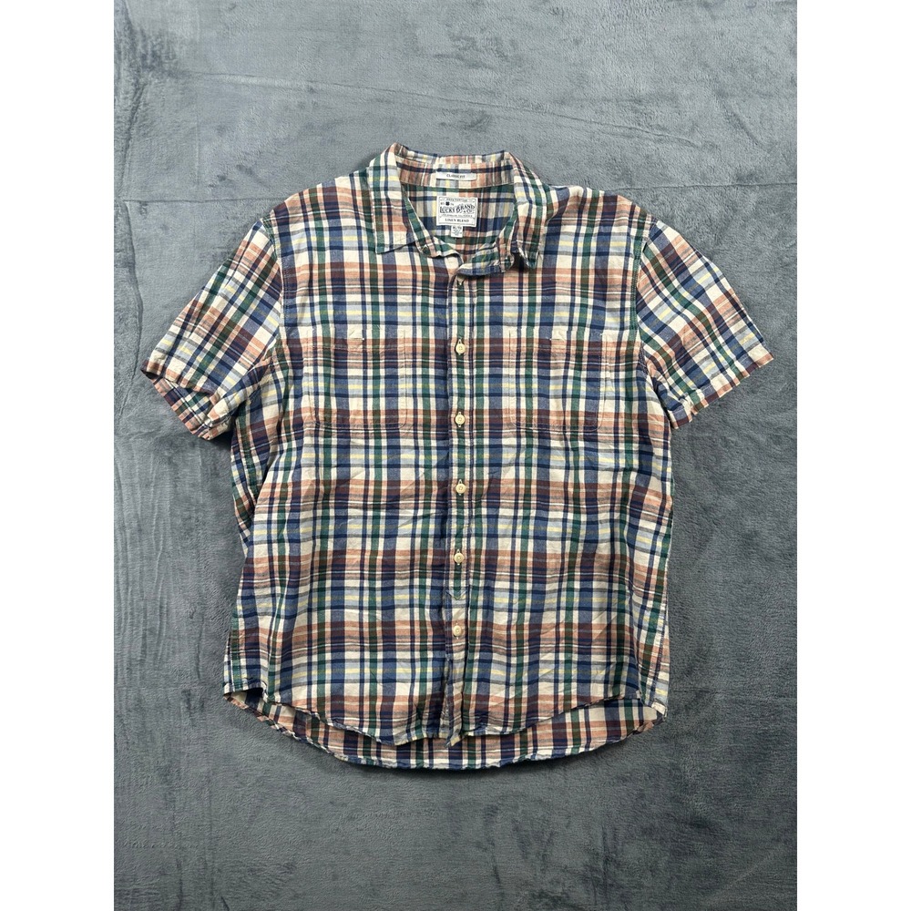Lucky Brand Mens XL Classic Fit Linen Blend Plaid Short Sleeve Button Down Shirt